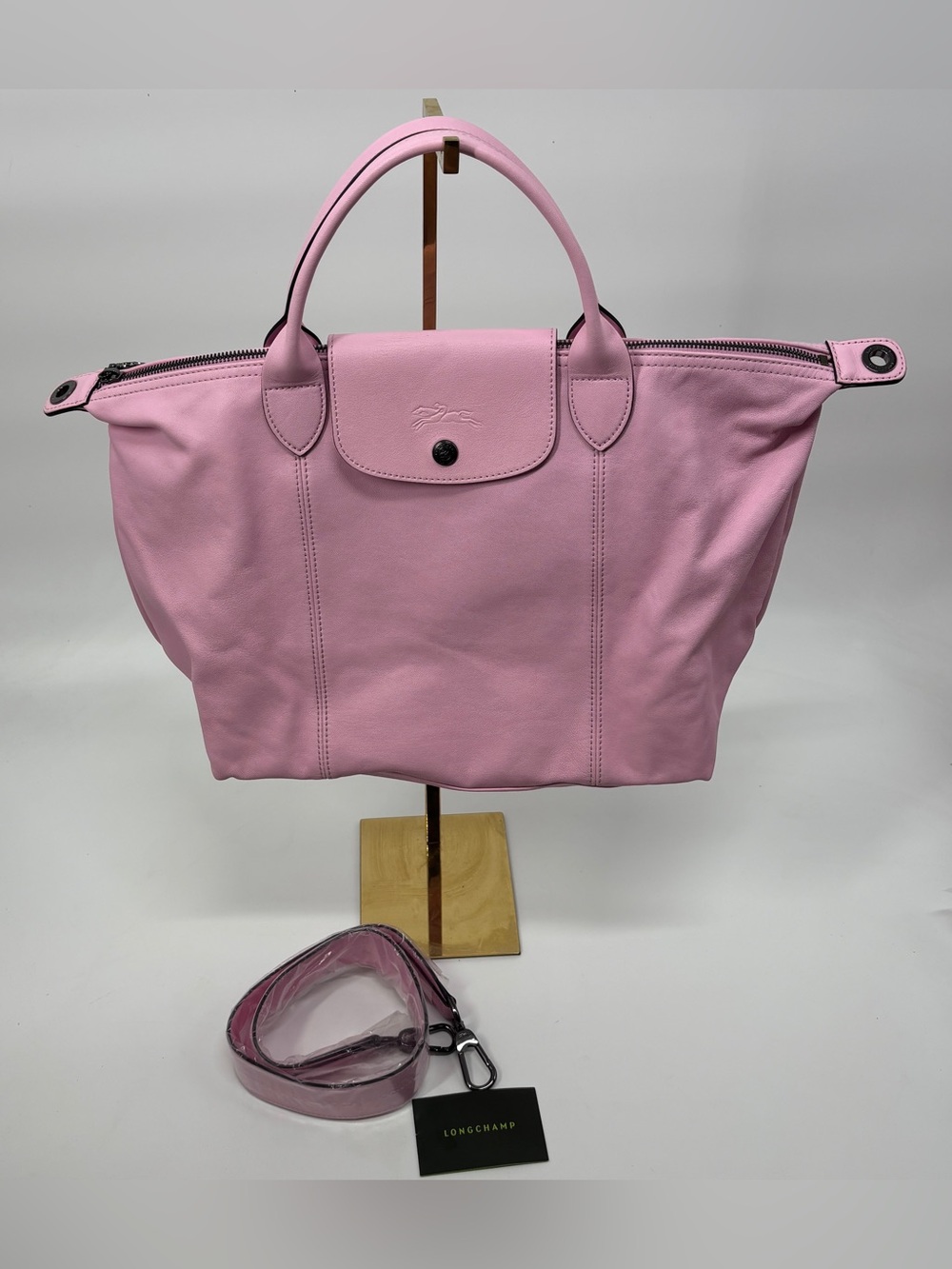 Longchamp Le Pliage Cuir Bag Medium Pink With Strap